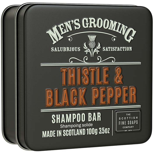 The Scottish Fine Soap Thistle & Black Pepper Shampoo Bar in a Ti